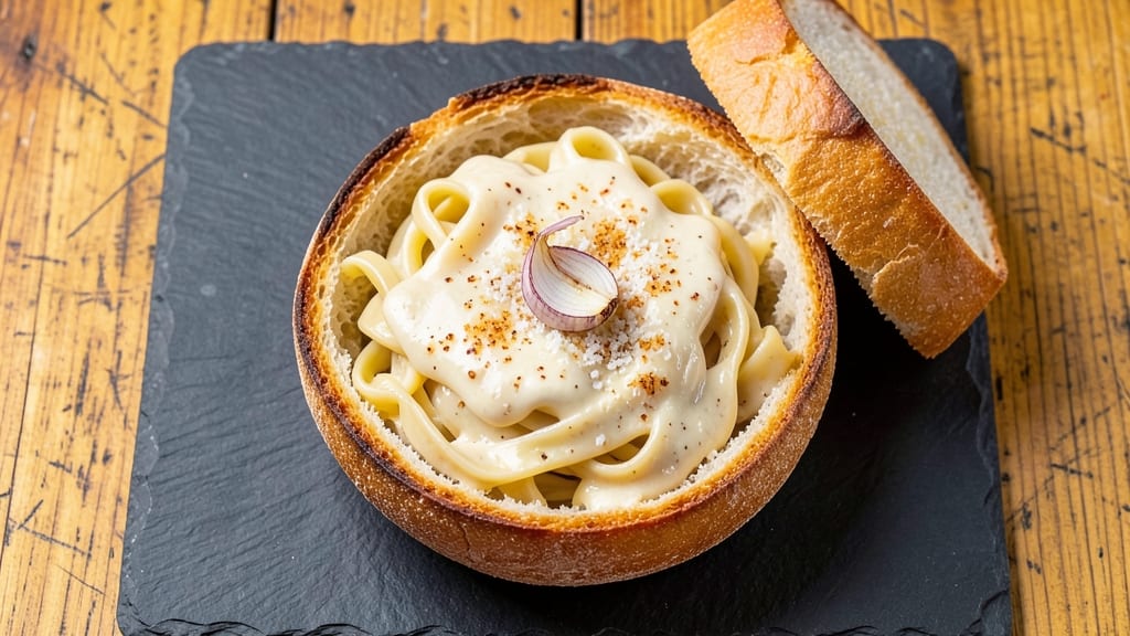 Alfredo Bread Bowl Recipe: Crispy Edges Loaded With Cheesy Pasta Filling