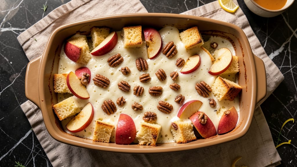 Apple Pecan Bread Pudding Recipe: Caramelized Top and Buttery Nut Crunch