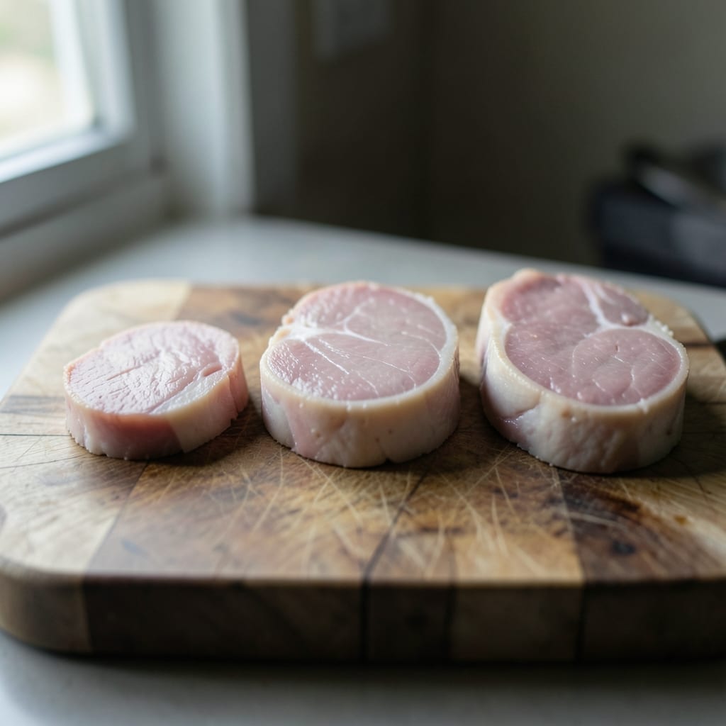 Three chops of different thickness, ready to be tested